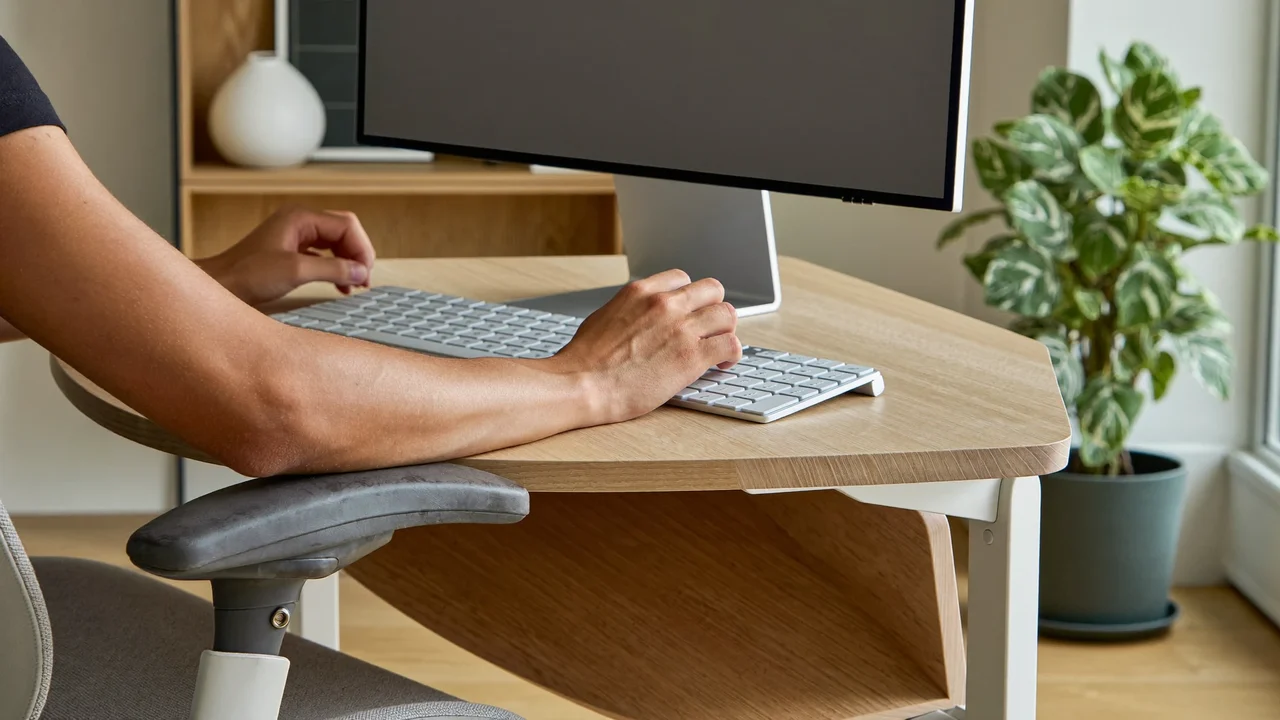 Colț de cameră cu mâini pe tastatură, scaun tras la birou și plantă